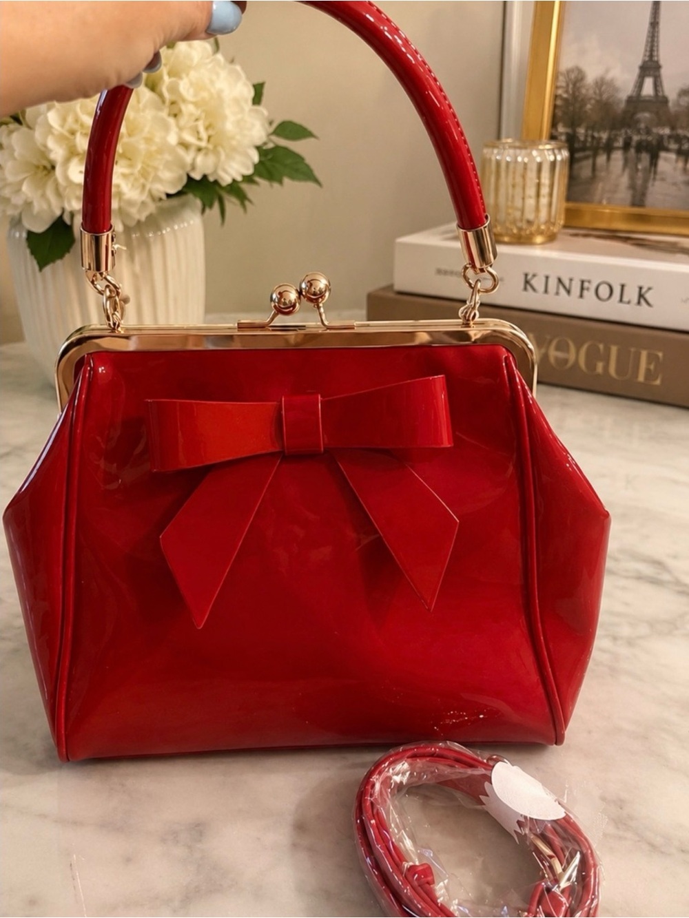 Red Patent Bow-Accent Satchel Handbag Retro Style